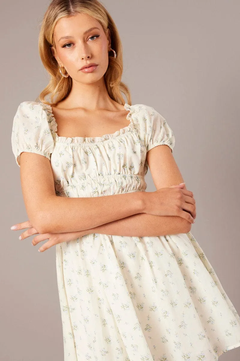 White Ditsy Fit And Flare Dress Puff Sleeve LowProfile Fasteners PressureRelief Seams
