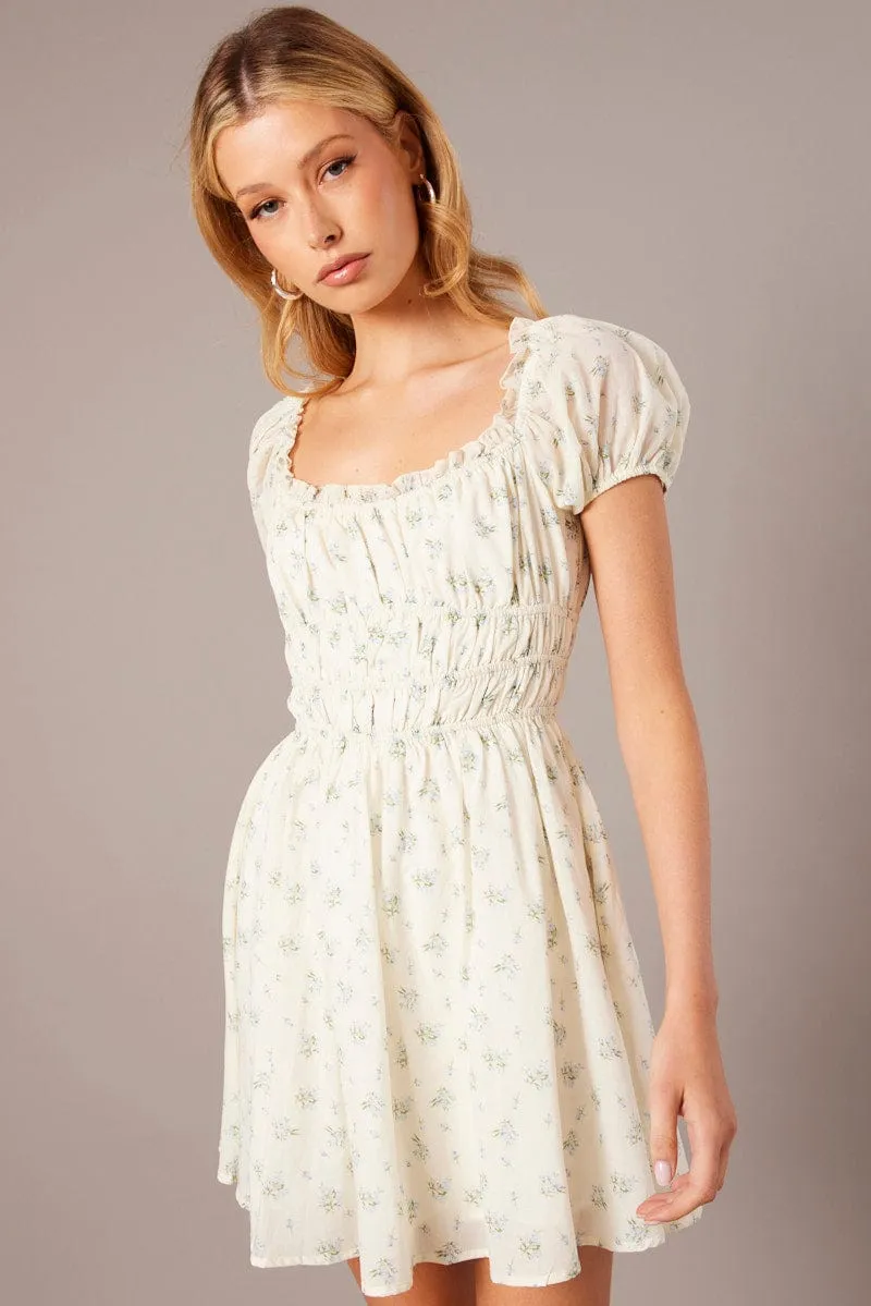 HighDensityWeave Run Core White Ditsy Fit And Flare Dress Puff Sleeve