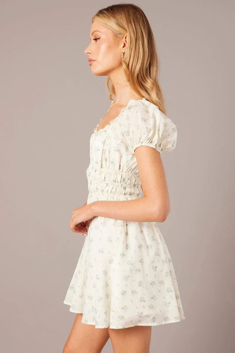 White Ditsy Fit And Flare Dress Puff Sleeve Layered Clothing