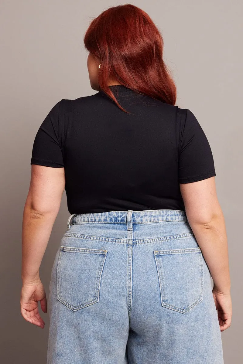 Black Bodysuit Short Sleeve Crew Neck Supersoft Shimmer Core