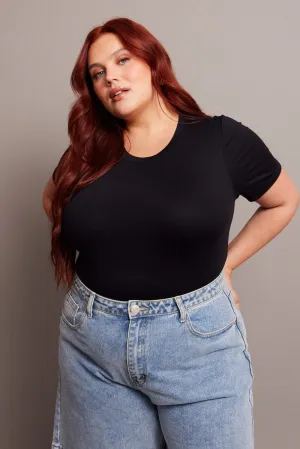 Black Bodysuit Short Sleeve Crew Neck Supersoft Easy Style Cozy Layer