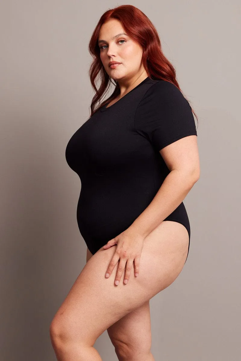 Black Bodysuit Short Sleeve Crew Neck Supersoft Family Style AntimicrobialTreatment