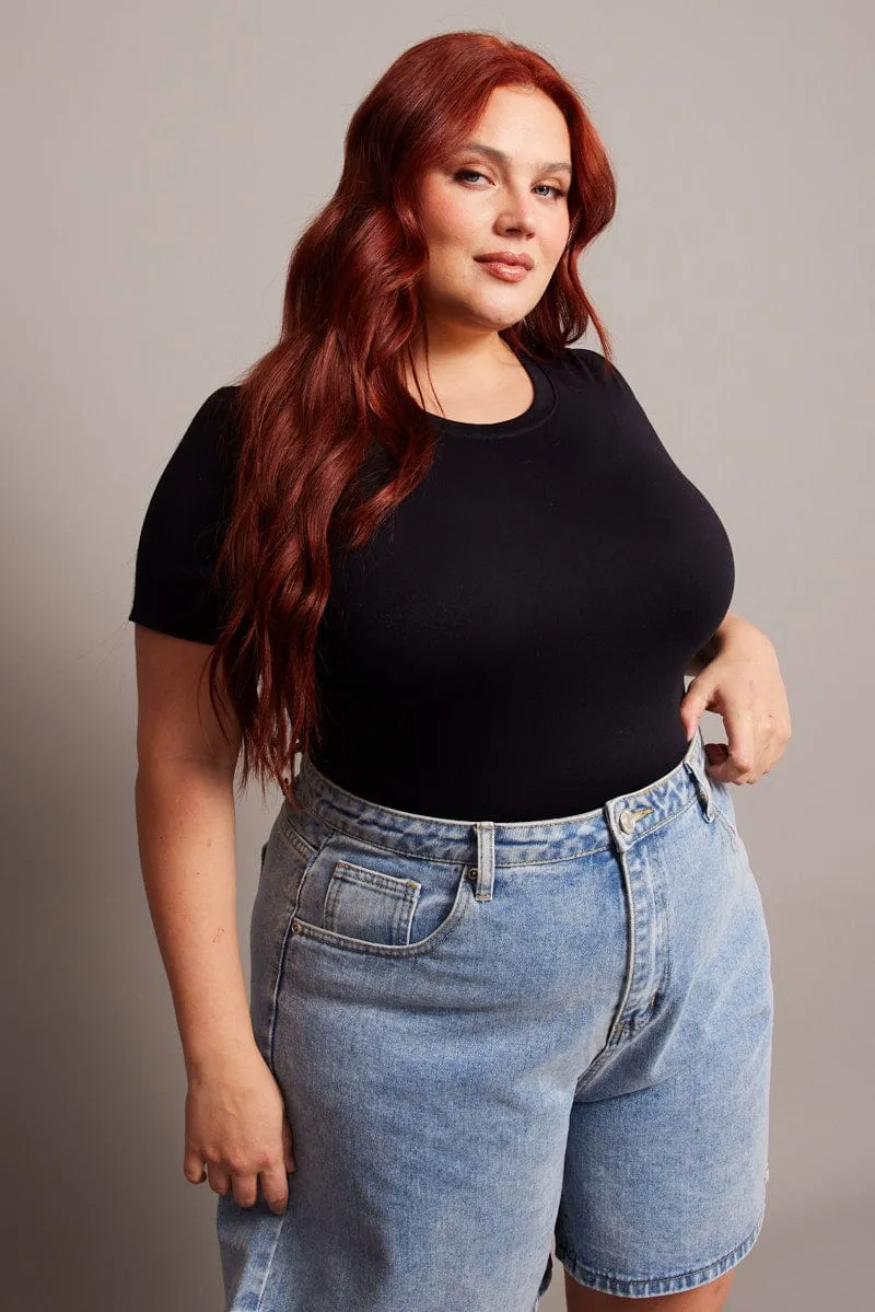 Smart Casual Green Soul Black Bodysuit Short Sleeve Crew Neck Supersoft
