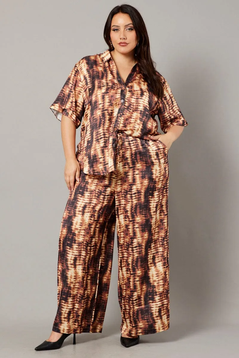 Brown Abstract Wide Leg Pants High Rise Satin Relaxed Wear High Rise