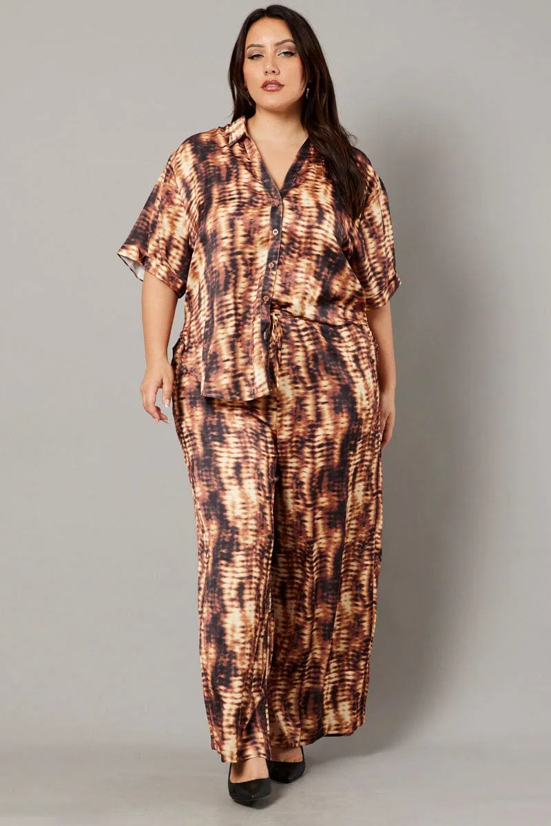 Breathable Fit Brown Abstract Wide Leg Pants High Rise Satin