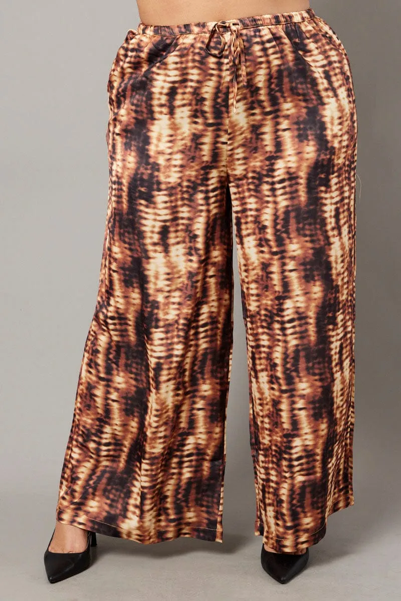 Outdoor Essentials Timeless Utility Brown Abstract Wide Leg Pants High Rise Satin
