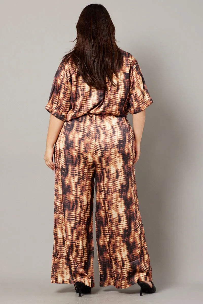 Brown Abstract Wide Leg Pants High Rise Satin Breathable Mesh Panels Active Comfort Wear