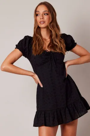 Black Fit And Flare Dress Puff Sleeve Mini Boho Free Gentle Glow