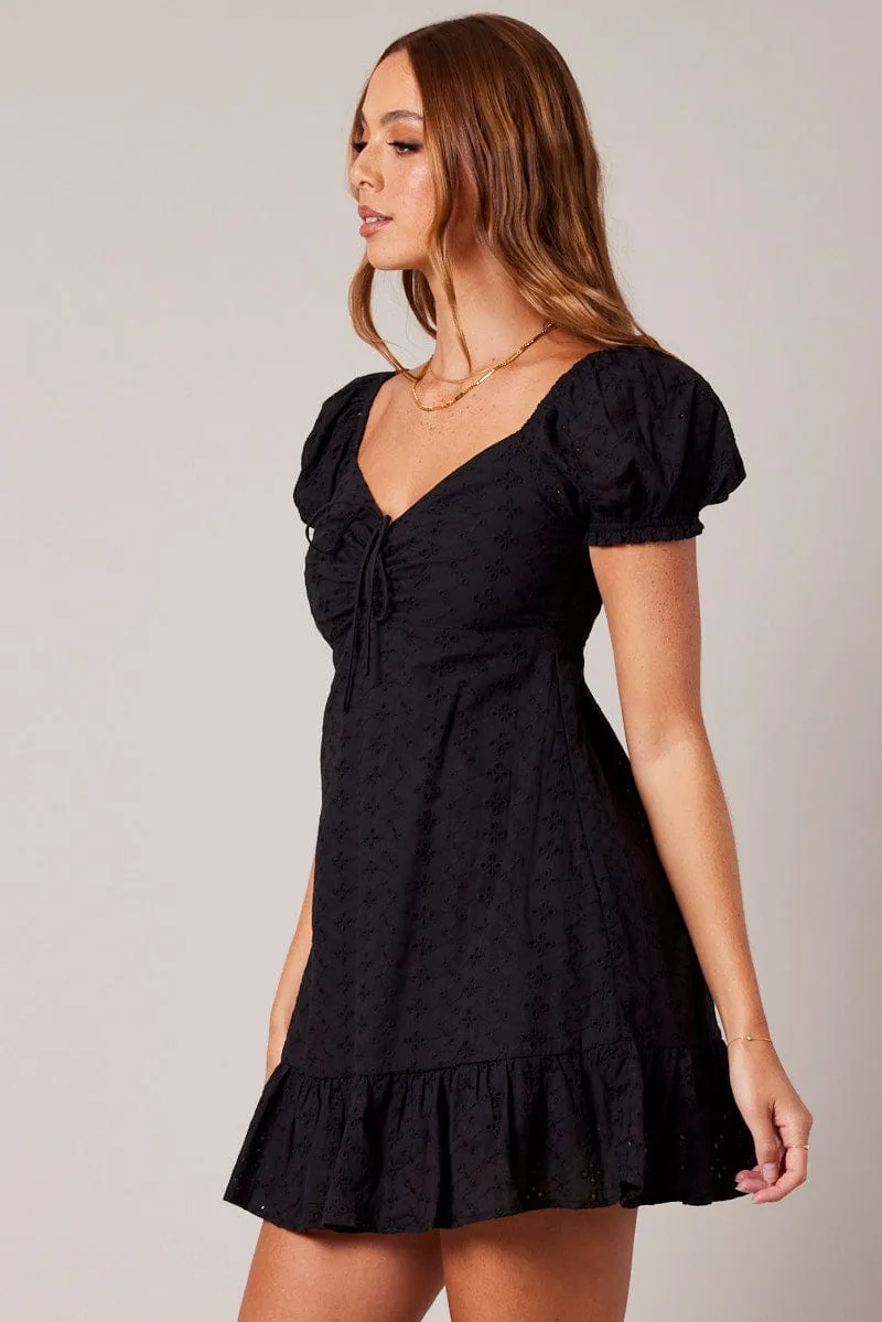 Black Fit And Flare Dress Puff Sleeve Mini Antistatic Comfortable clothing