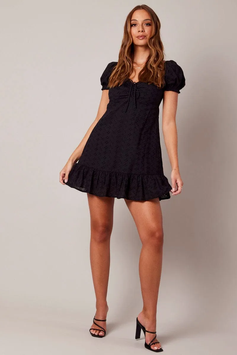 AbrasiveReinforcedZones Black Fit And Flare Dress Puff Sleeve Mini