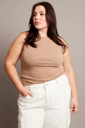 Brown Tank Top Sleeveless Boat Neck Soft Flow Stretchable Material