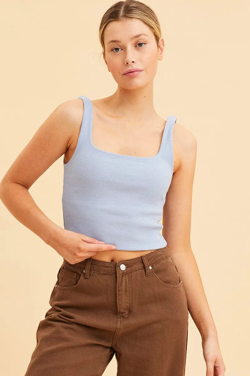 Blue Crop Tank Square Neck Cotton Blend Rib ReinforcedHems Work Safe