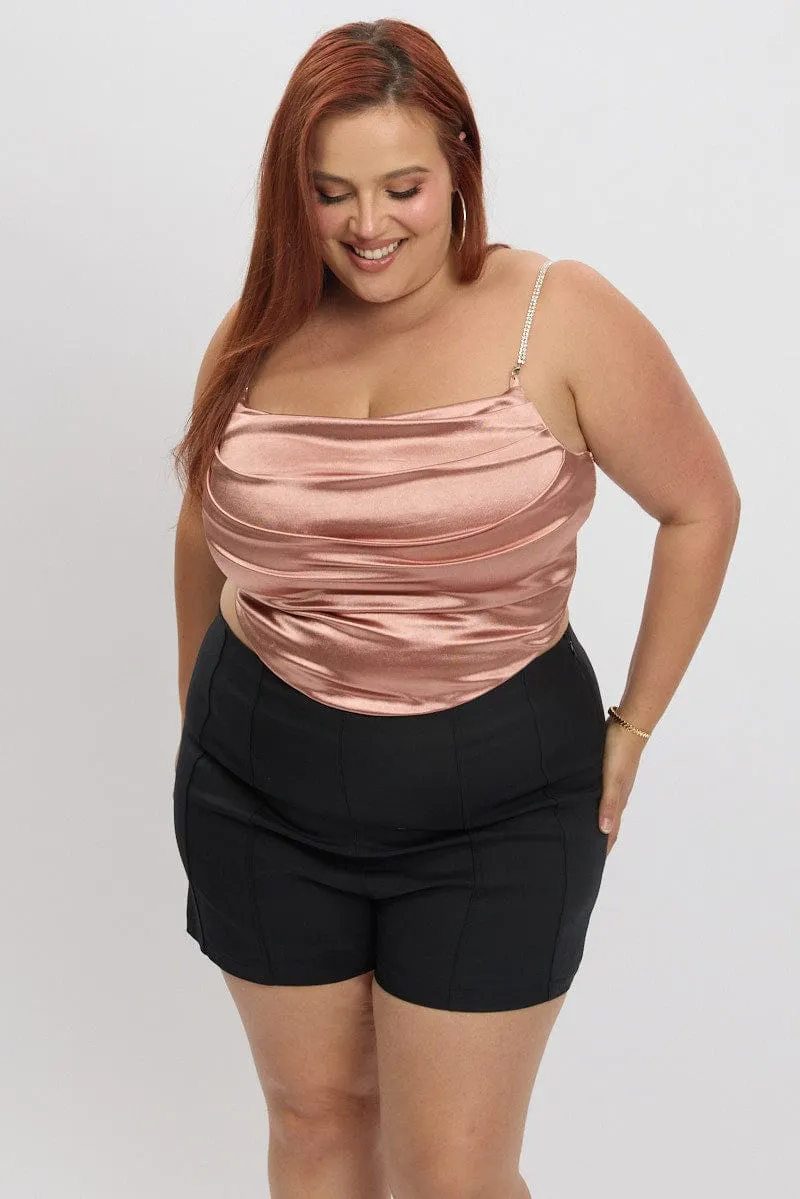 Pink Satin Cami Top Cowl Neck Diamante Strap warm fleece DurableSeams