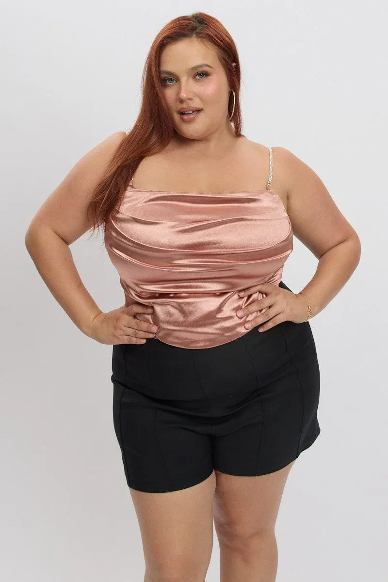 Pink Satin Cami Top Cowl Neck Diamante Strap Everyday Comfort