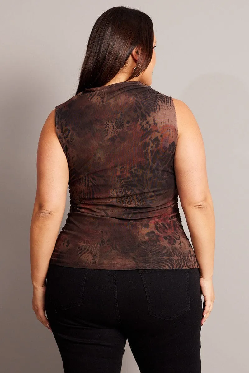 DurableBlend Brown Abstract Mesh Tank Top Cowl Neck Sleeveless