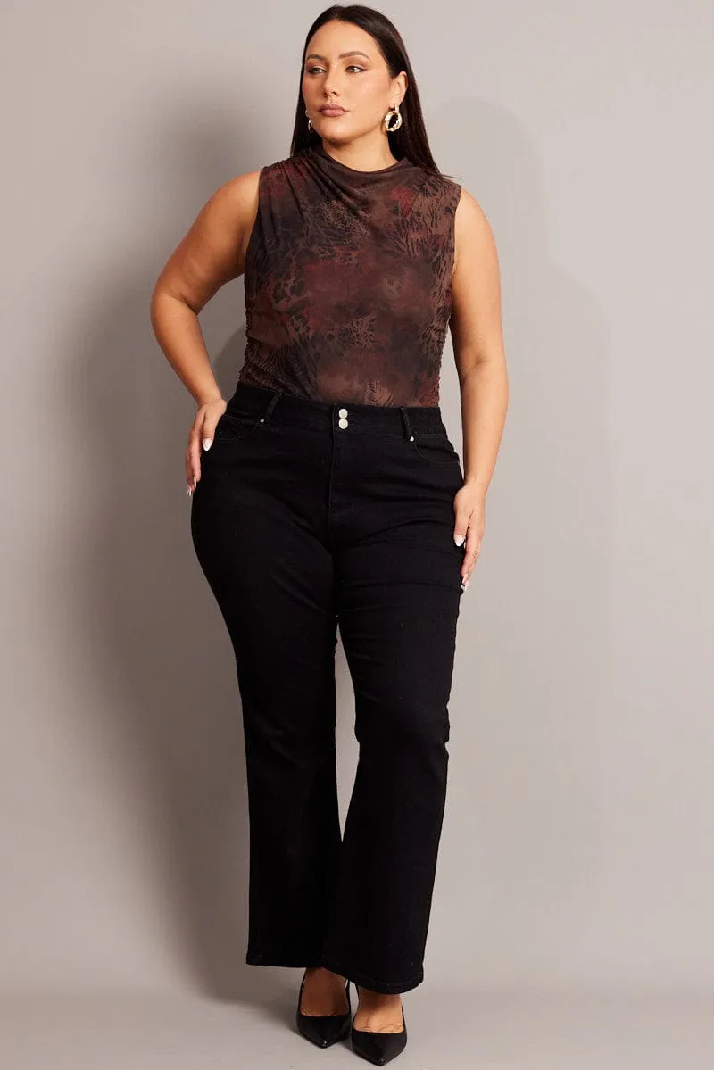 Rustic Ease Brown Abstract Mesh Tank Top Cowl Neck Sleeveless