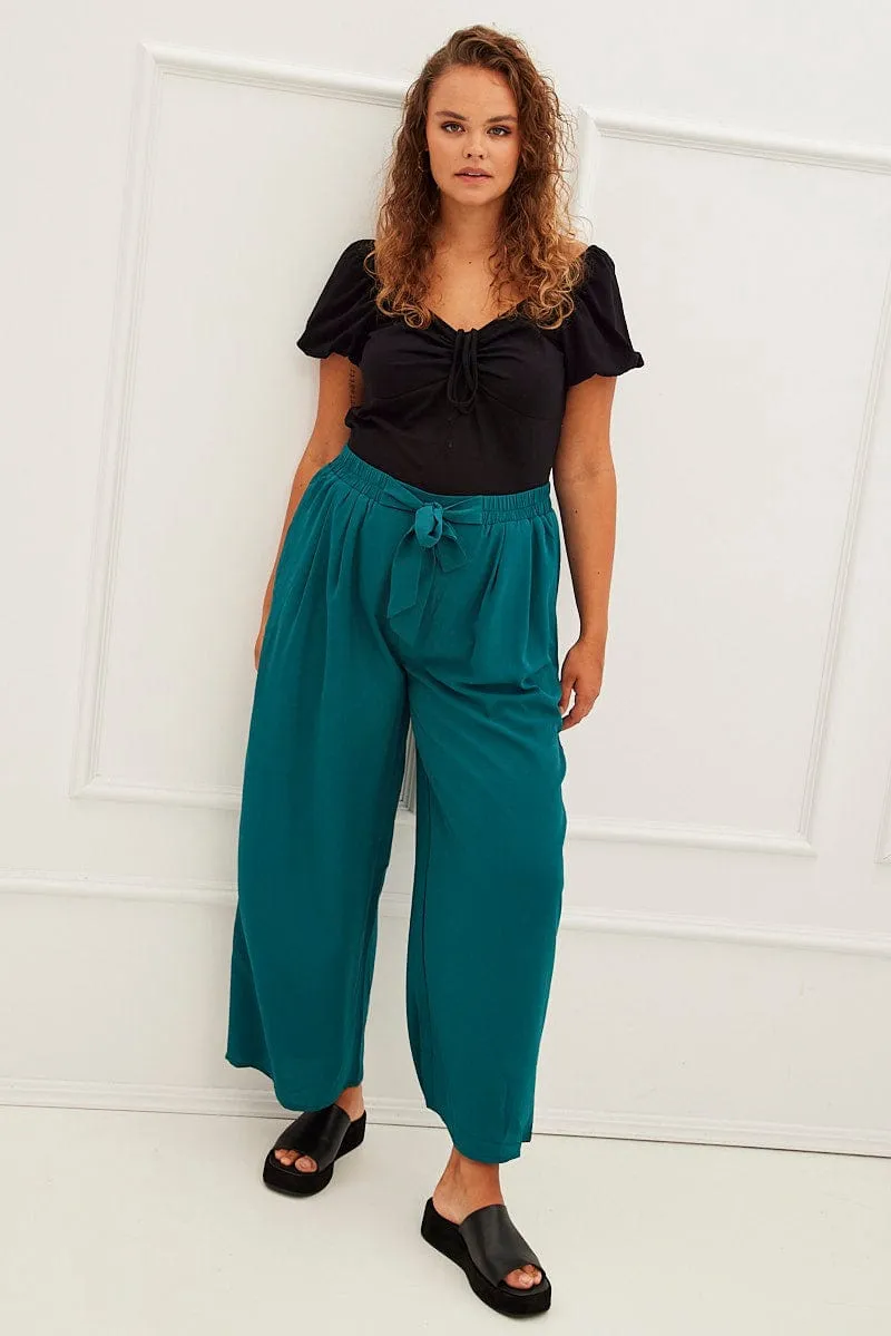 Green High Waist Wide Leg Crepe Pants Flat Lock Seams