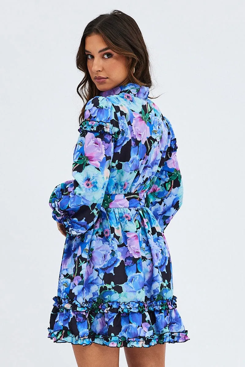 Story Glow Modern Outfit Multi Floral Ruffle Balloon Sleeve Button Skater Dress