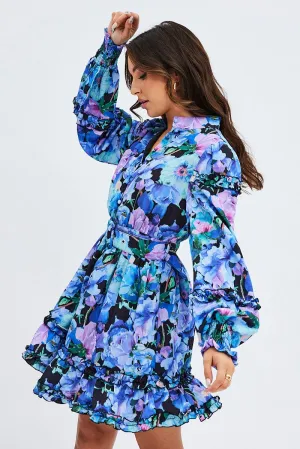 Village Charm Adjustable Drawcord Multi Floral Ruffle Balloon Sleeve Button Skater Dress