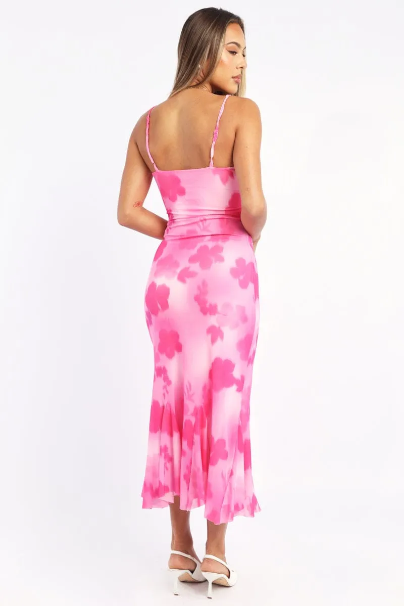 Smooth Line AntiClingFabric Pink Floral Bodycon Dress Midi