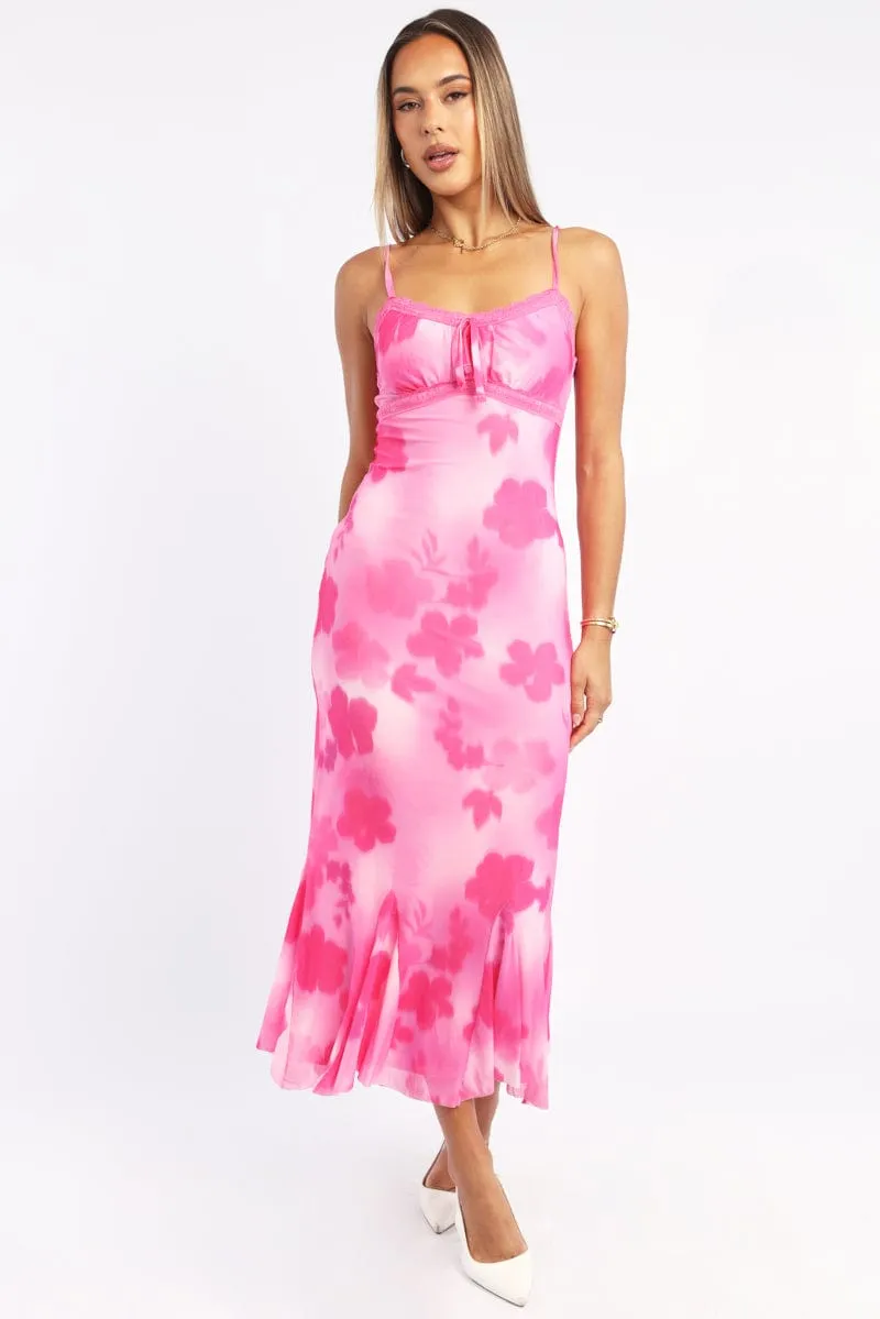 Pink Floral Bodycon Dress Midi American Ease Simple Dress