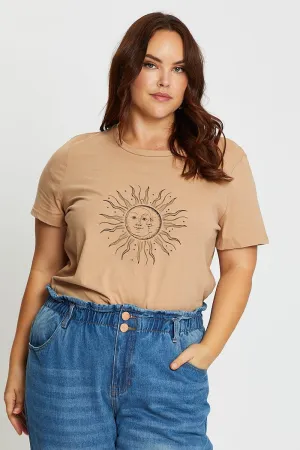 Brown Short Sleeve Graphic Print Sun T-shirt ReinforcedNeckline Cotton Blend