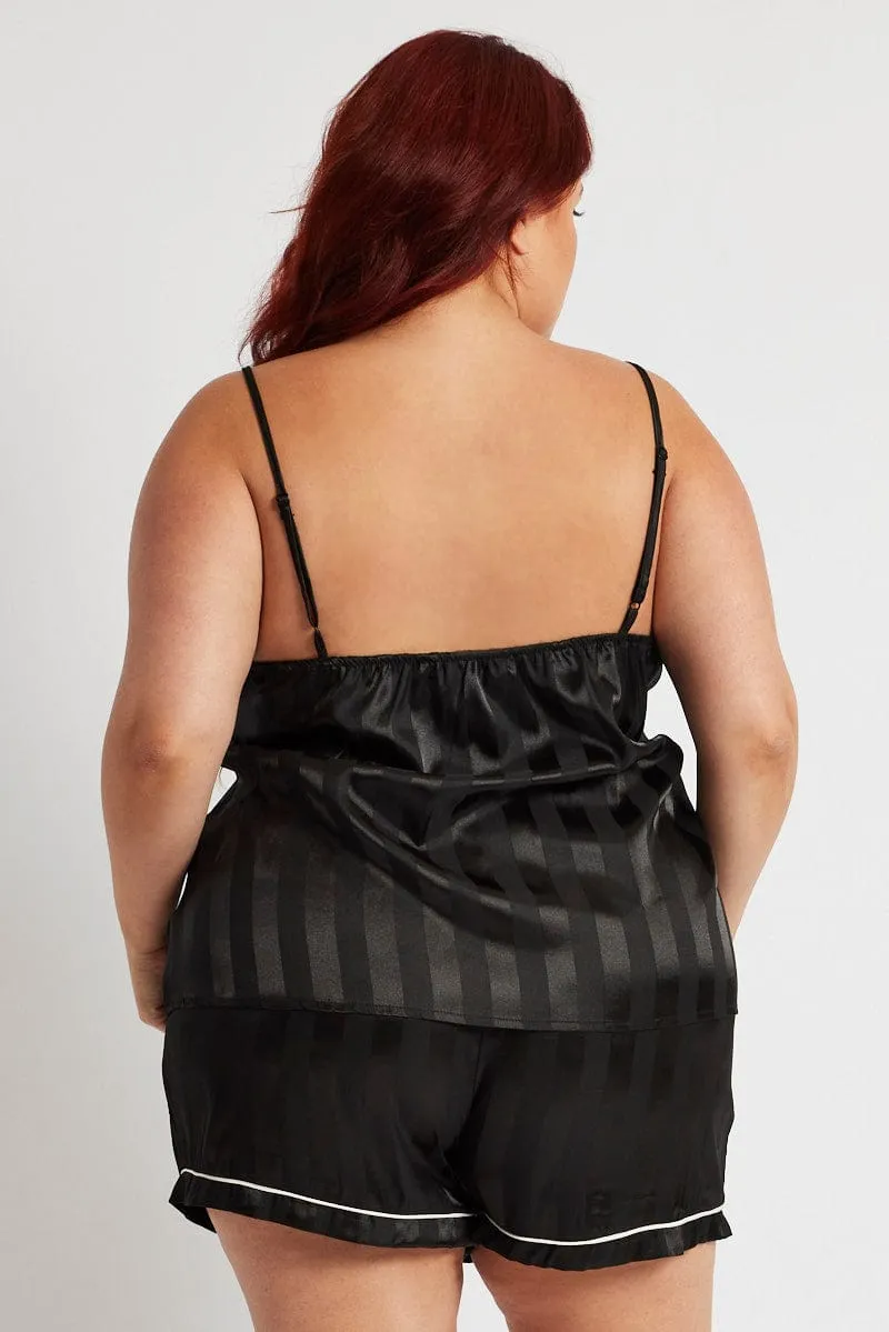 AntiBacterialTreatment Stylish Fashion Black Stripe Cami Pyjama Set Contrast Piping Satin Pj Set
