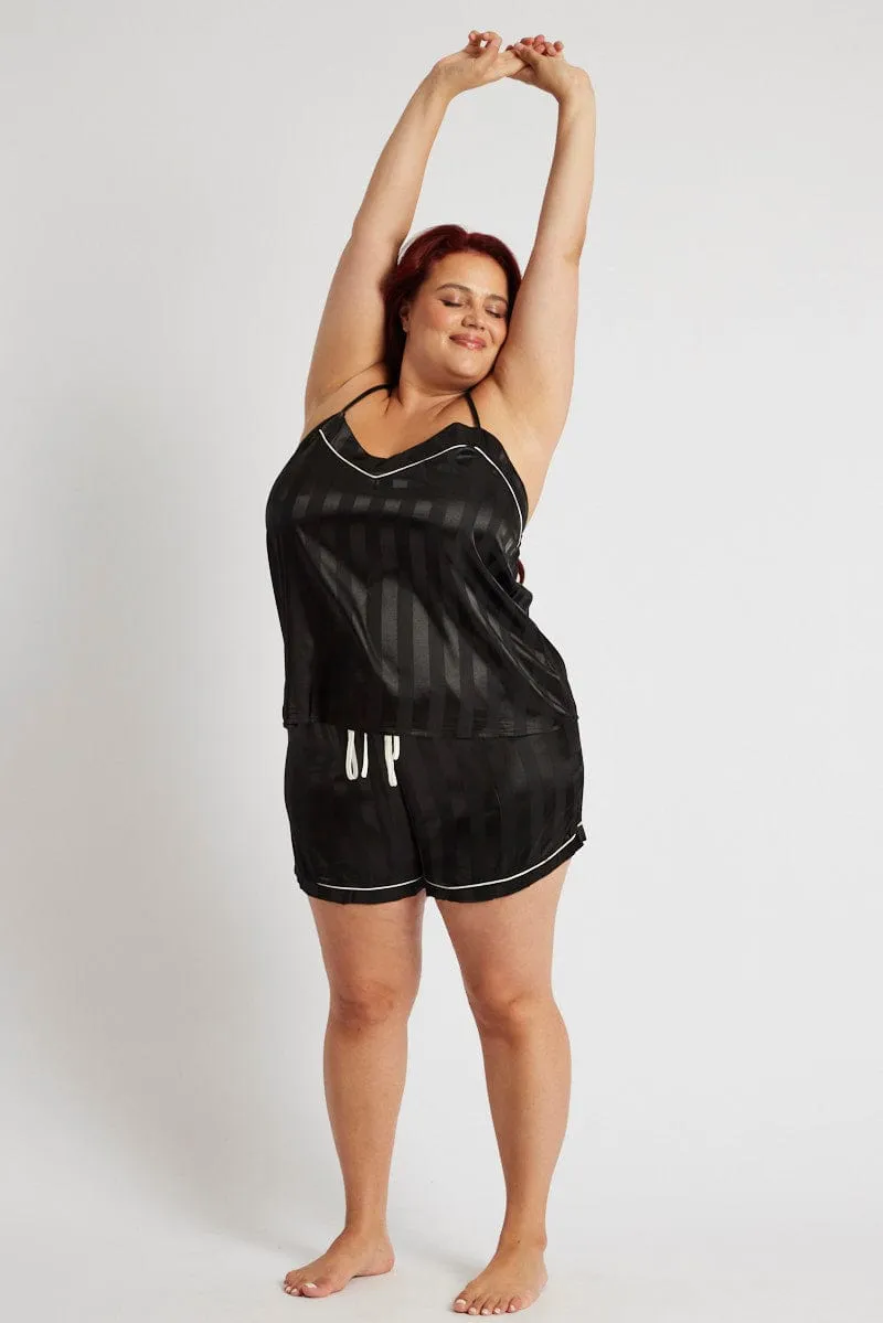 Black Stripe Cami Pyjama Set Contrast Piping Satin Pj Set Clear Tone