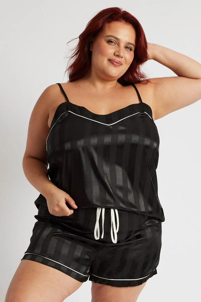 China Cool AntiPilling Finish Black Stripe Cami Pyjama Set Contrast Piping Satin Pj Set