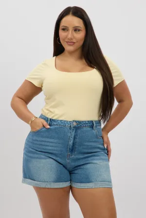 WaterResistant Coating Denim Mom Shorts High Rise