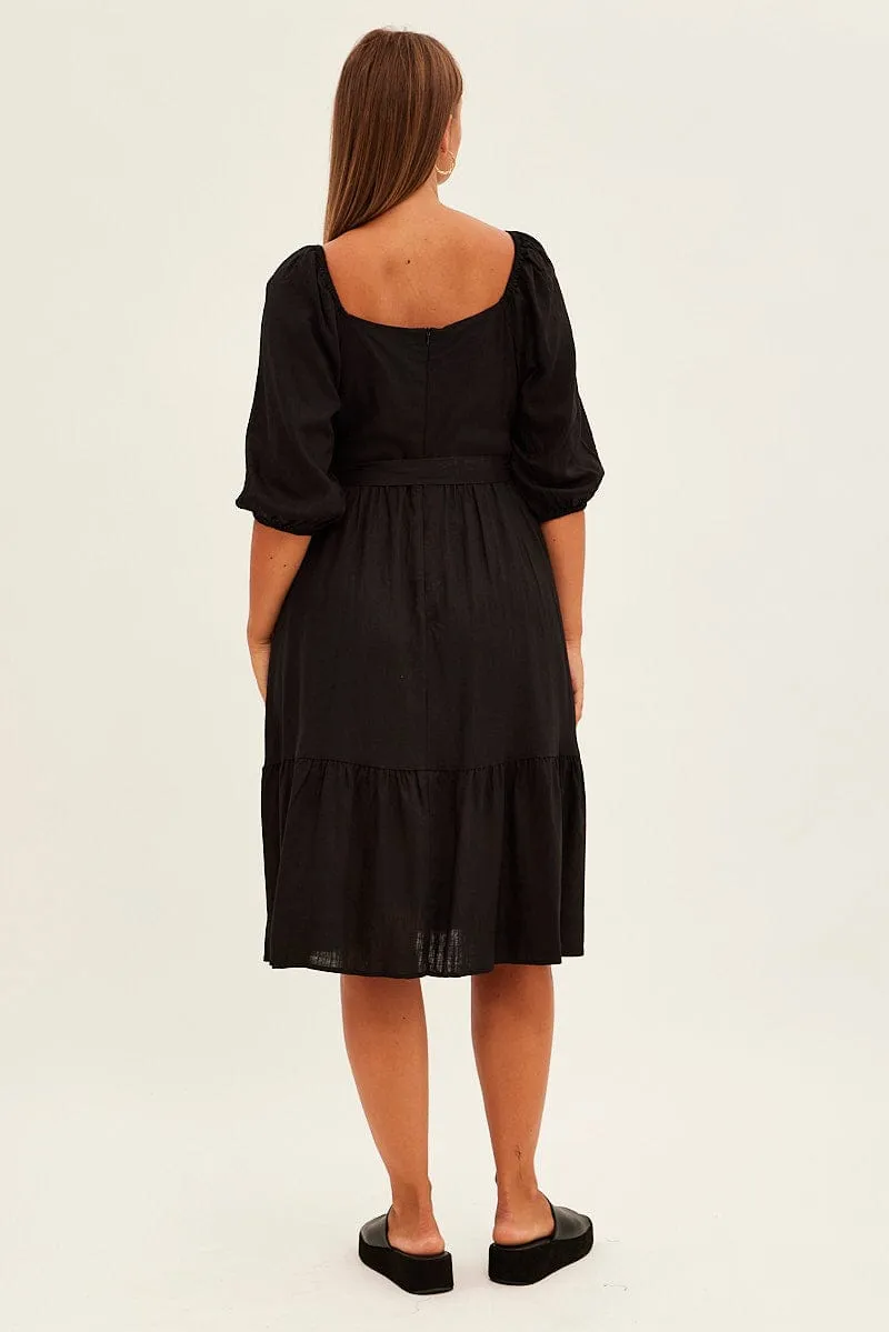 Black Midi Dress Puff Sleeve Belt Frill Hem Air View