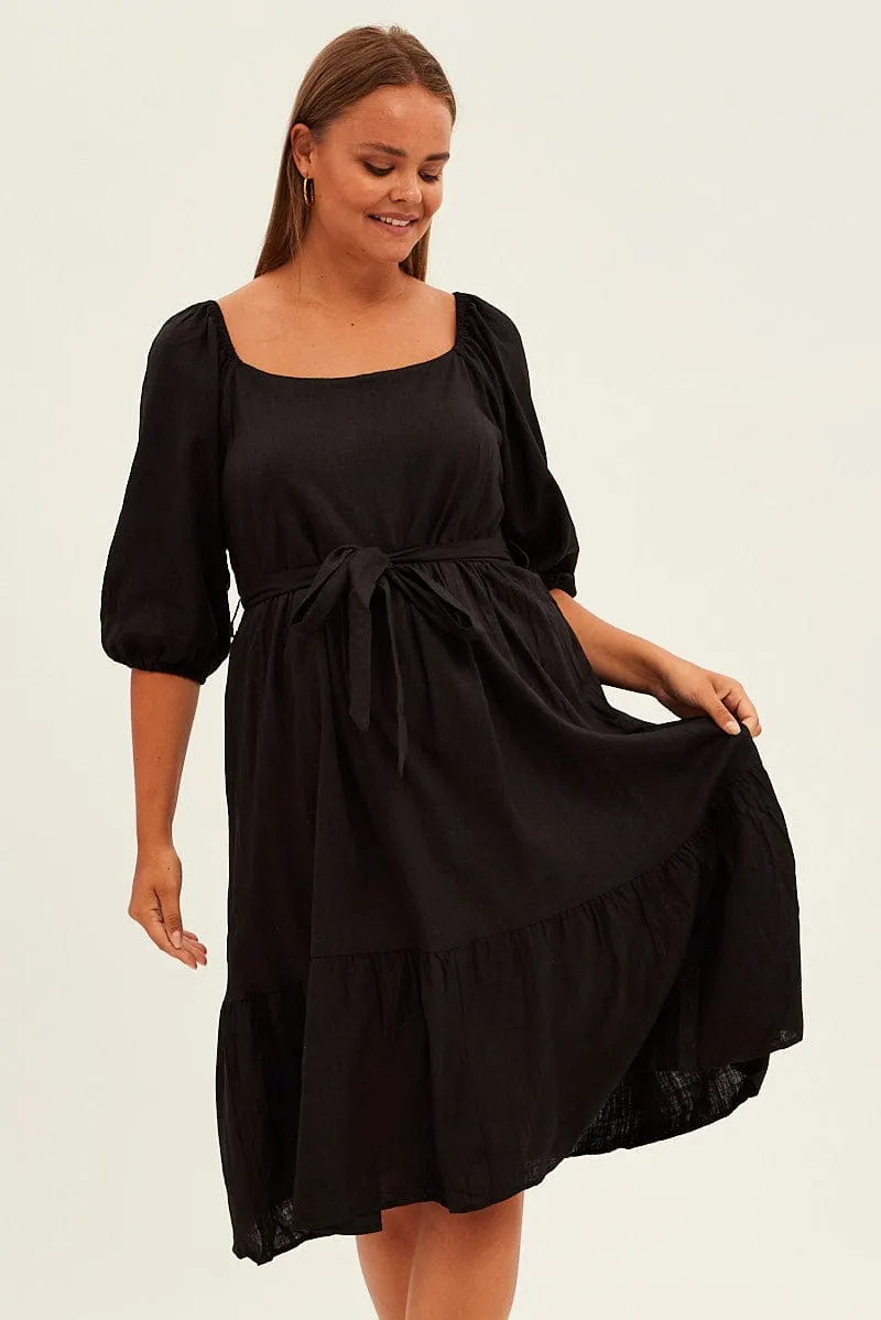 Elegant Mom Urban Grace Black Midi Dress Puff Sleeve Belt Frill Hem