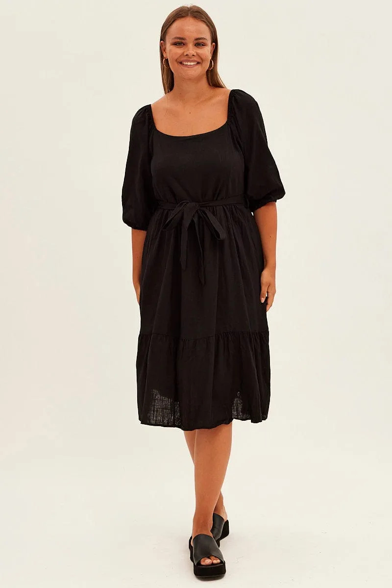 Black Midi Dress Puff Sleeve Belt Frill Hem Flattering Fashion Coral Glow