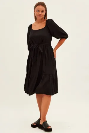 Black Midi Dress Puff Sleeve Belt Frill Hem Bright Ray