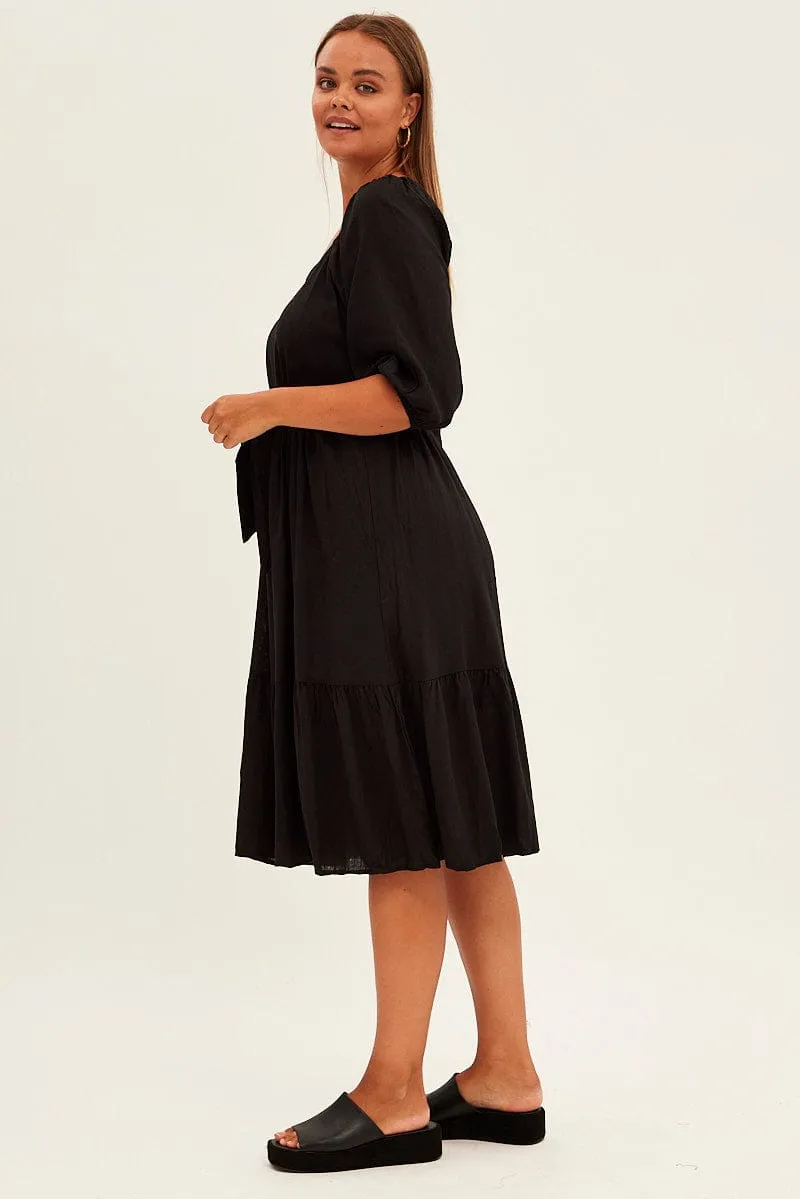 Stylish semi-formal dress Black Midi Dress Puff Sleeve Belt Frill Hem