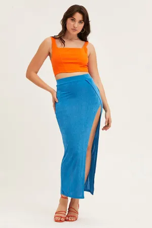 Blue Jersey Elastic Waist Front Split Midi Skirt Tiered Layers