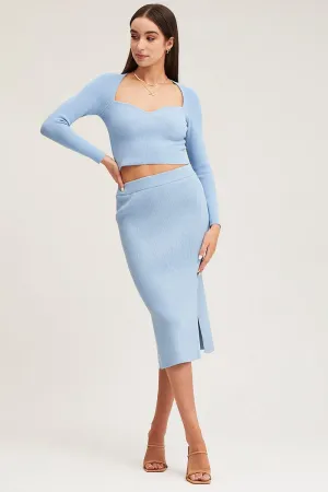 Blue Knit Skirt Midi Side Split Easy Comfort