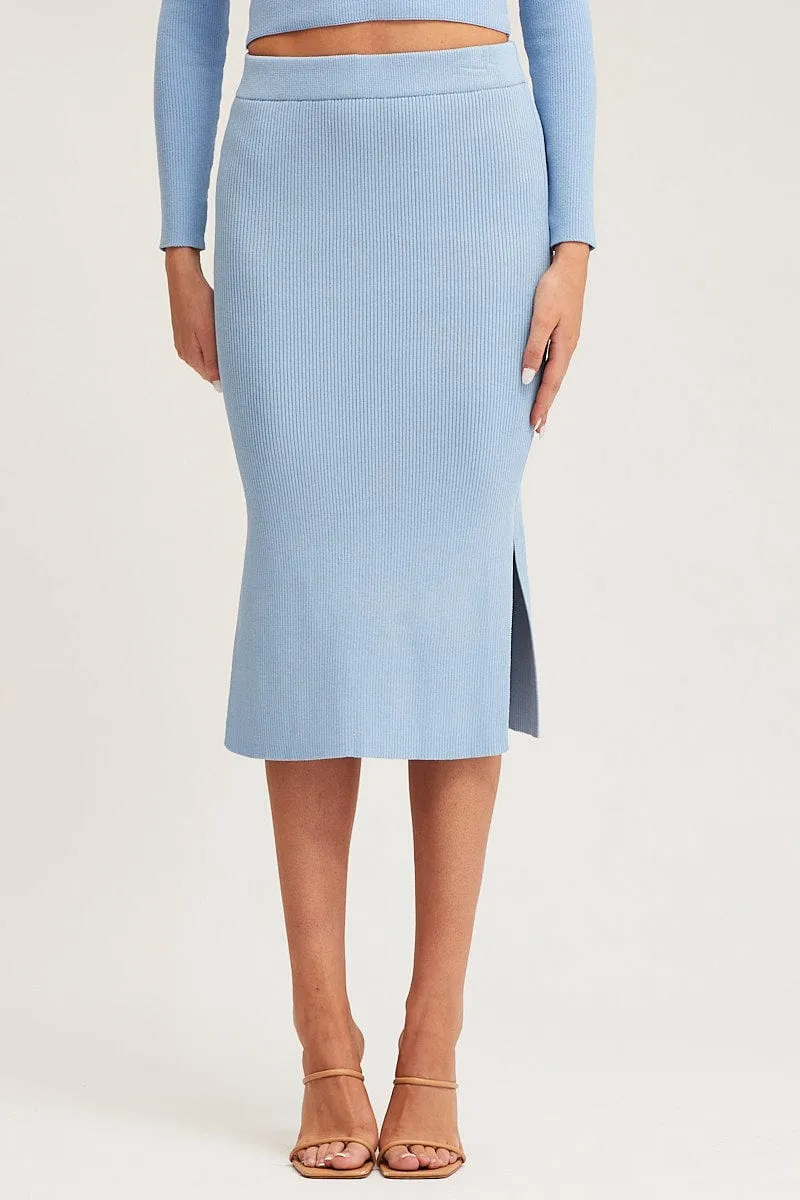 All Day Blue Knit Skirt Midi Side Split