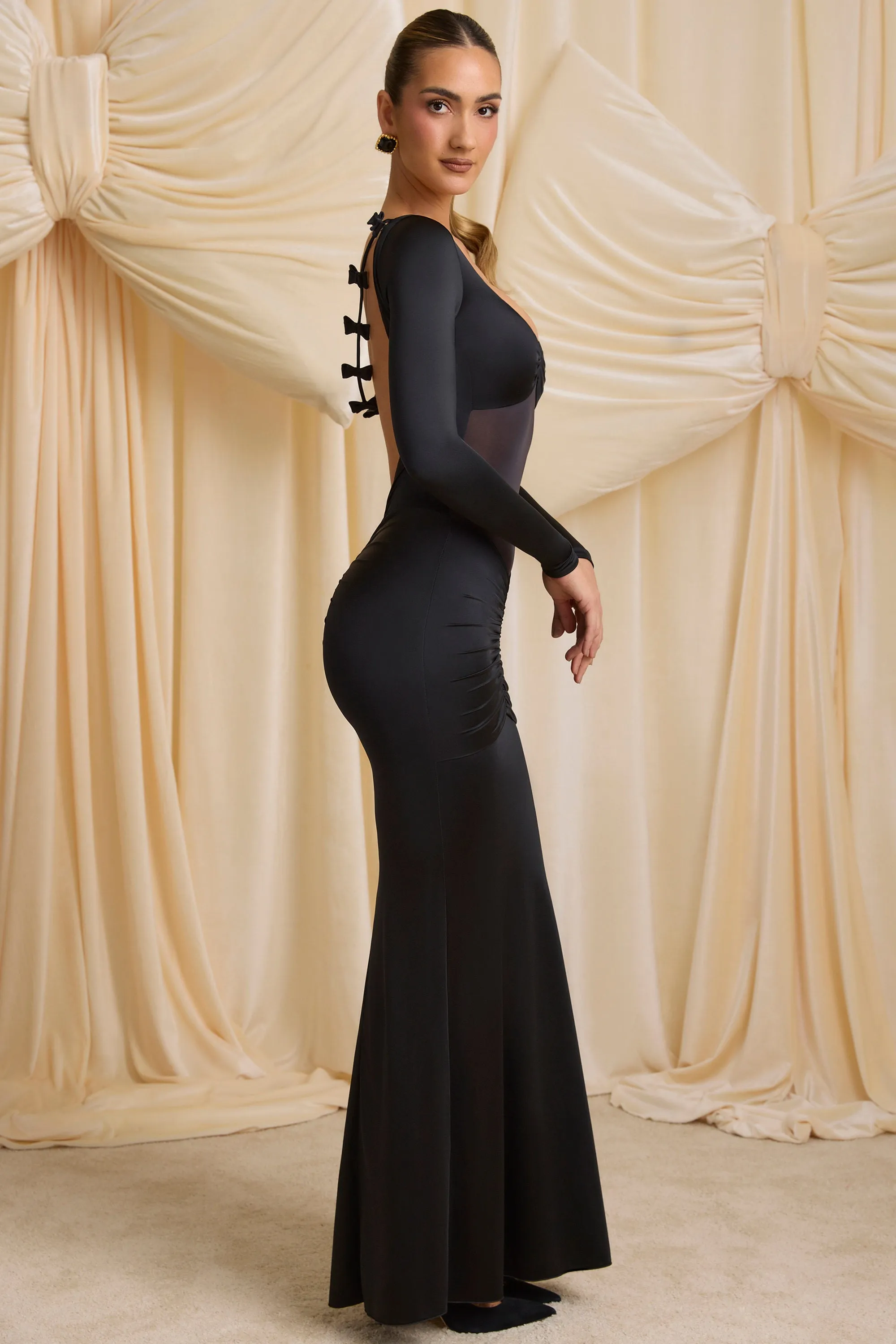 One shoulder Comfortable night dress Bow-Detail Ruched Maxi Dress in Black