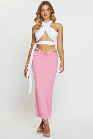 Structured Shape Pink Midi Skirt Rig Detailed Ribbed Jersey
