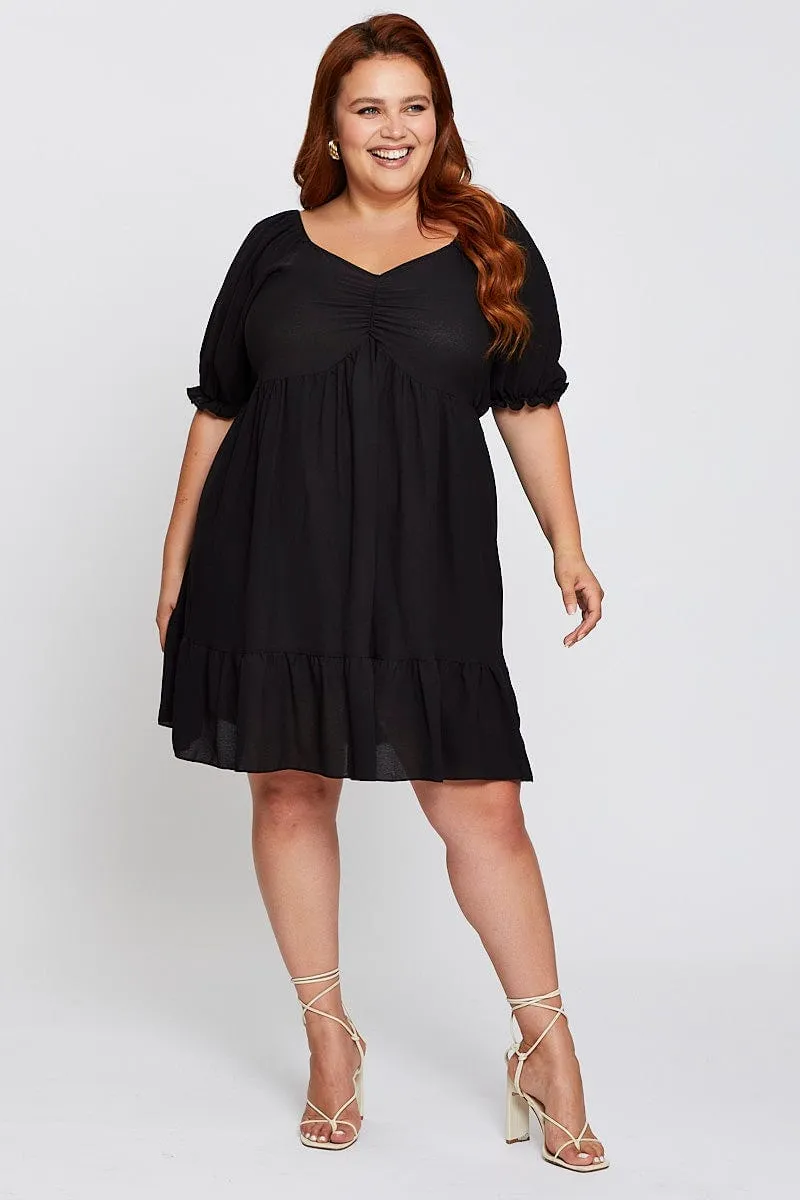 Black Short Puff Sleeve Gather Frill Hem Dress Tie Back Closure System