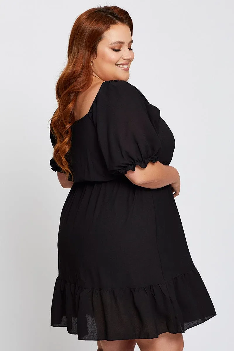 Trend Soft Water Resistant Black Short Puff Sleeve Gather Frill Hem Dress