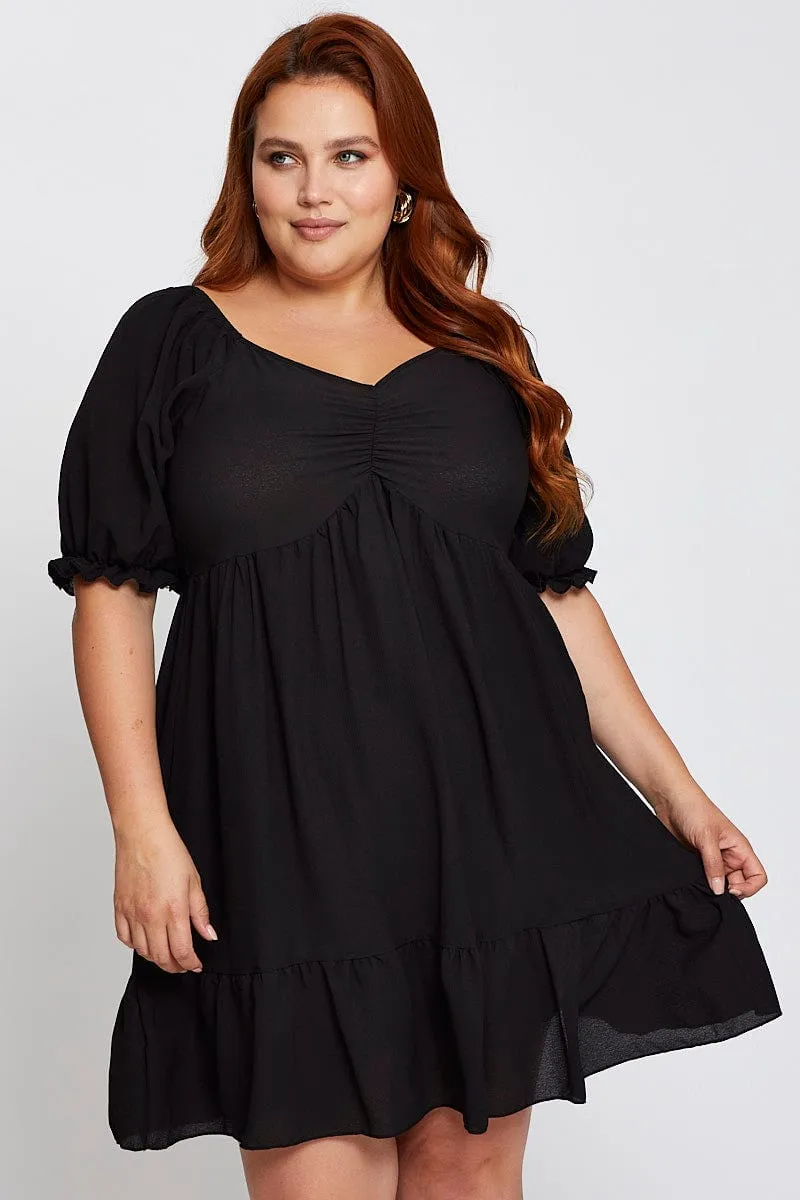 Black Short Puff Sleeve Gather Frill Hem Dress Beat Light Bar Pop