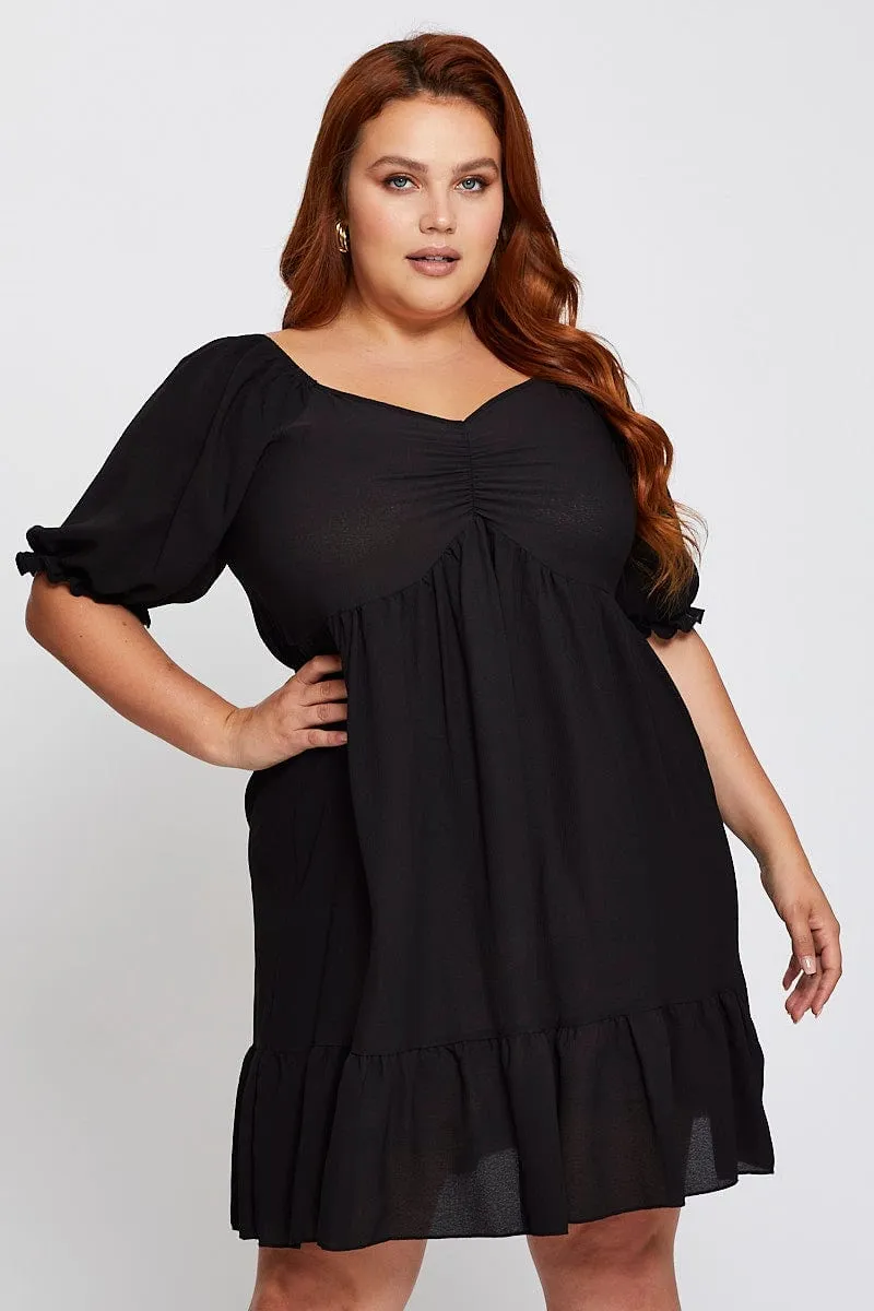 Black Short Puff Sleeve Gather Frill Hem Dress Hot Edge Pose Glow