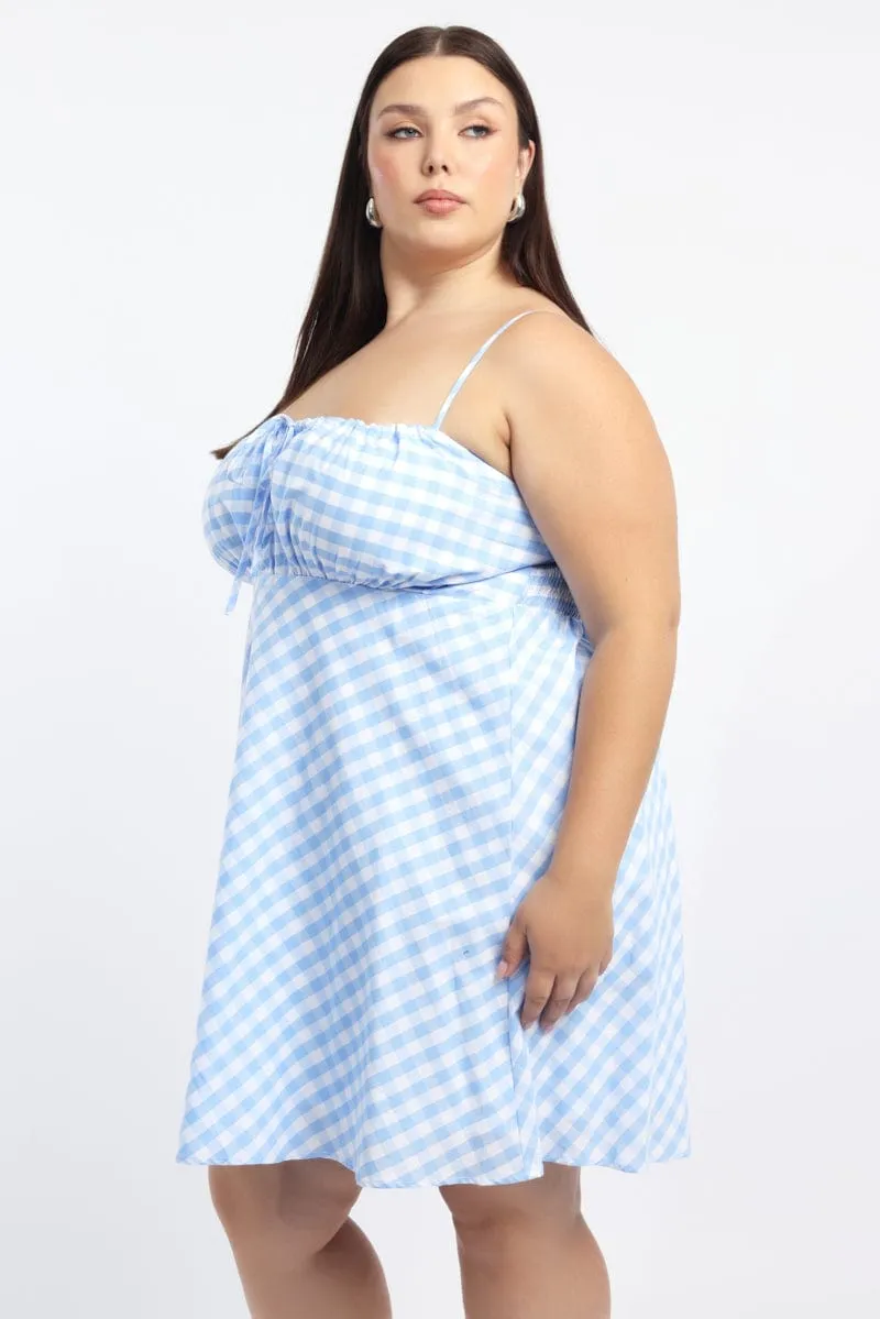 Blue Check Gingham Gather Bust Mini Dress Floral Wear