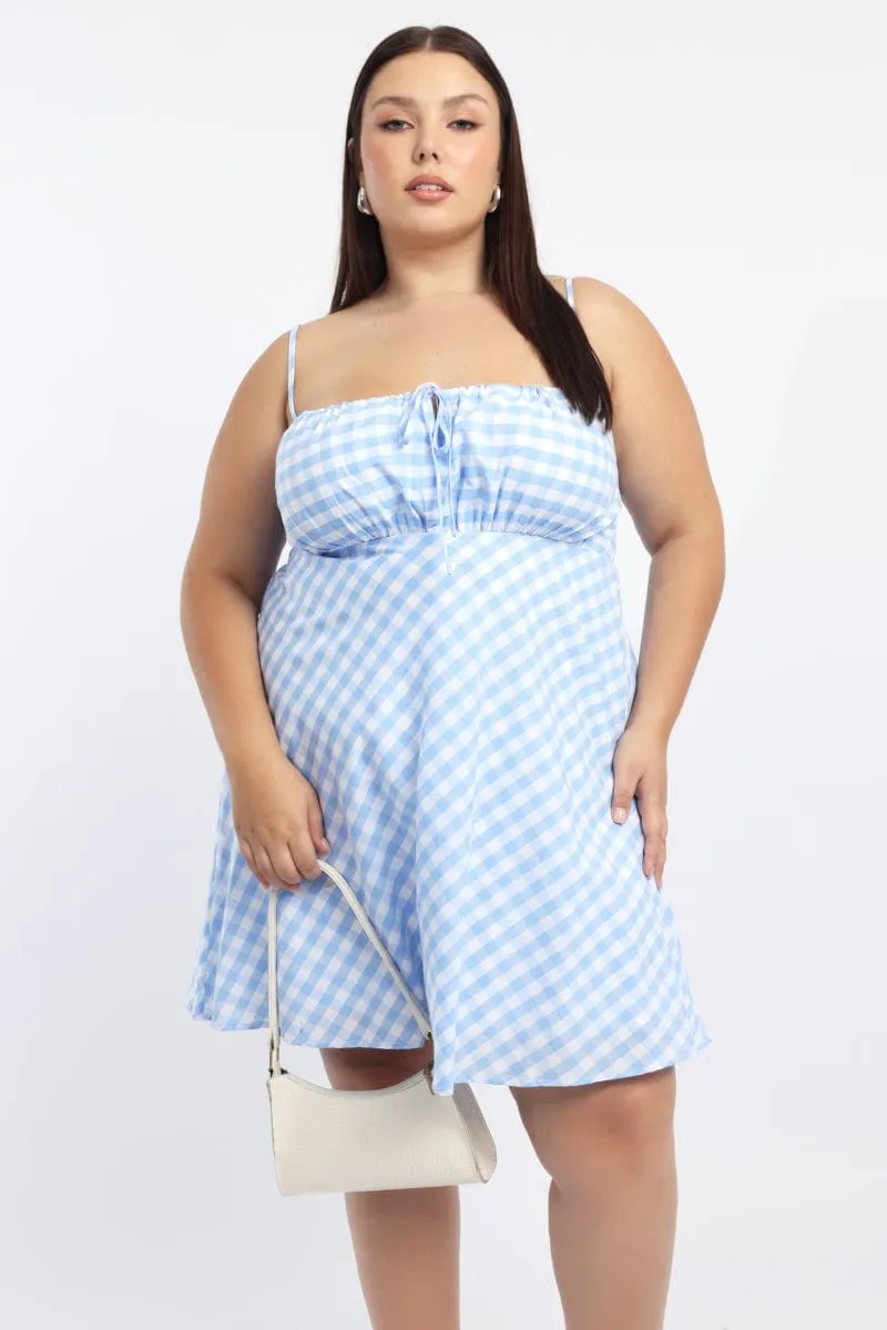 Full Circle Skirt Pattern Double Layered Collar Blue Check Gingham Gather Bust Mini Dress