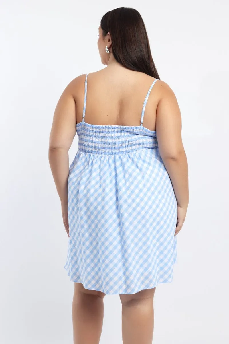 Blue Check Gingham Gather Bust Mini Dress Relaxed Style