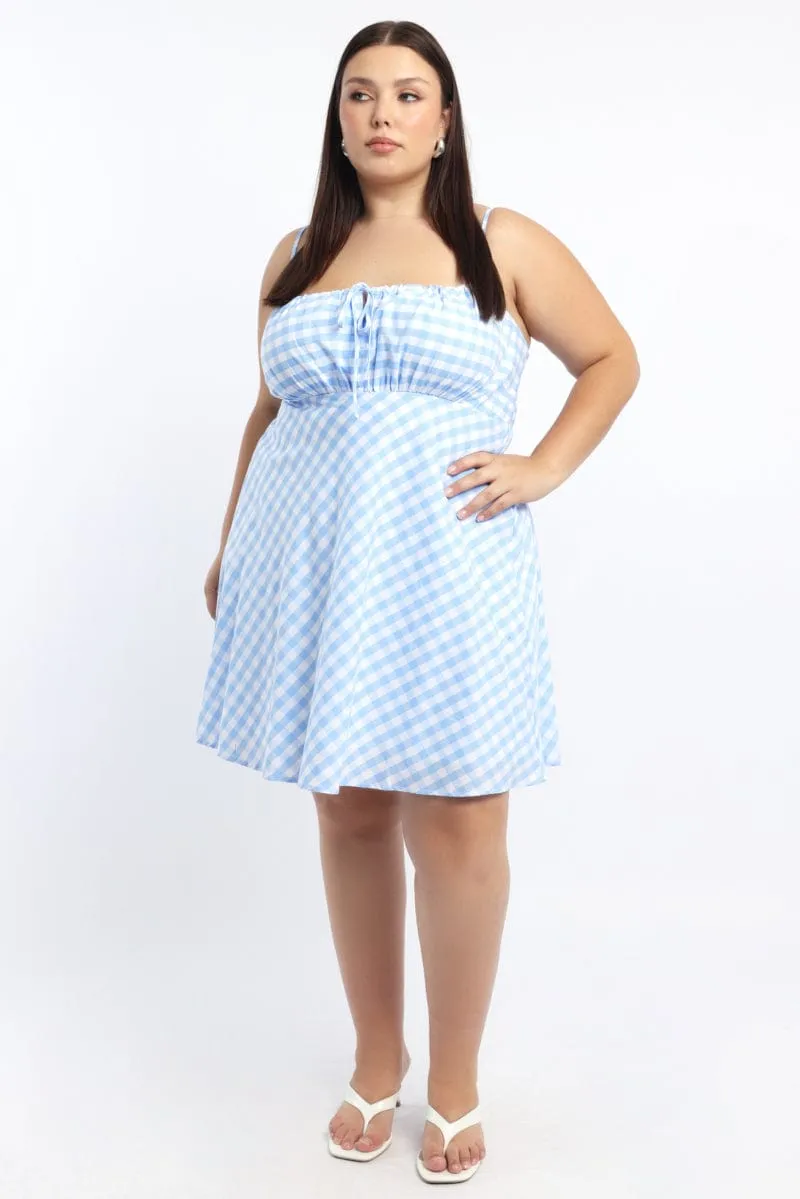 Blue Check Gingham Gather Bust Mini Dress Shine Star