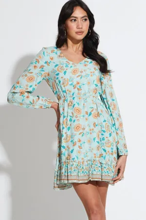 Boho Print Mini Dress Long Sleeve V Neck Playful fabric mini dress