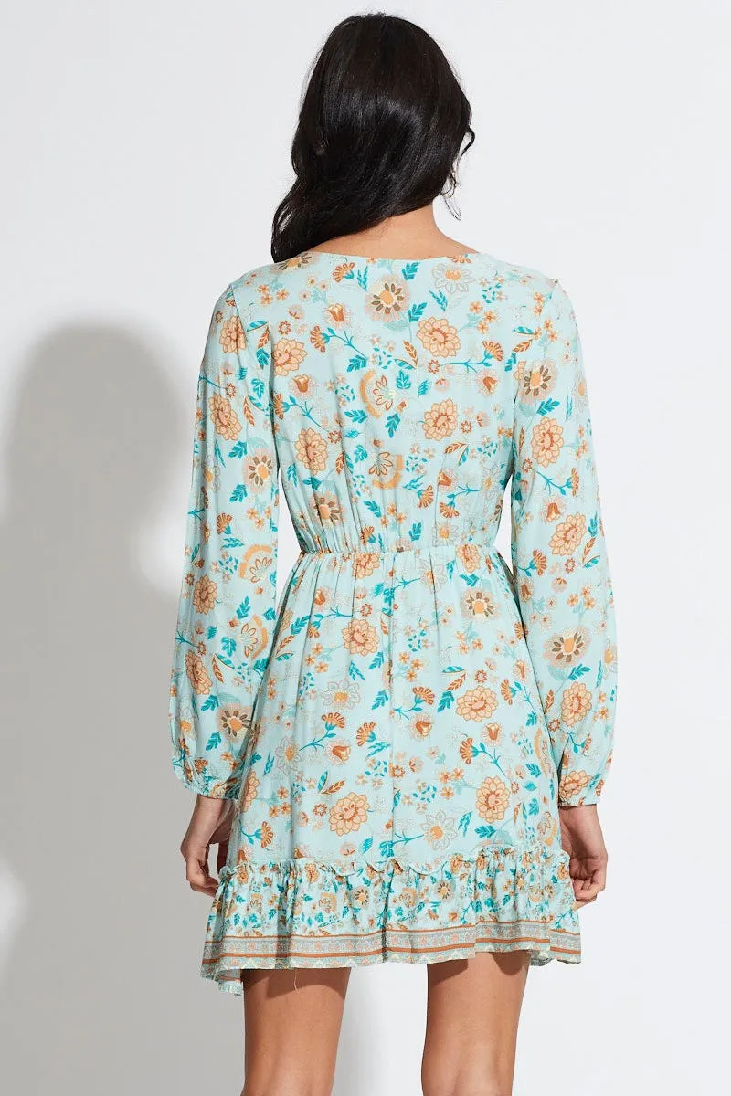 Classic cute short dress Boho Print Mini Dress Long Sleeve V Neck